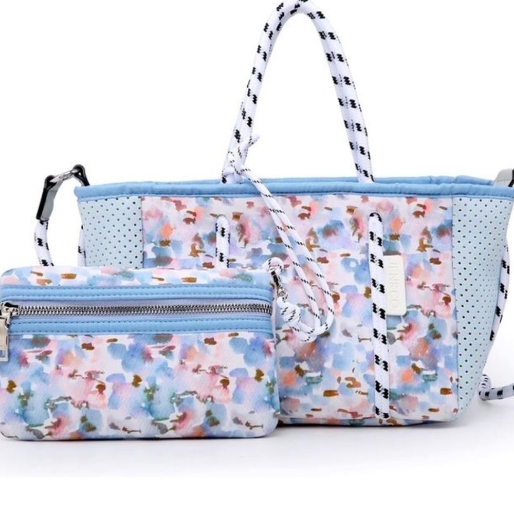 Blue Floral Neoprene Tote and Pouch Set